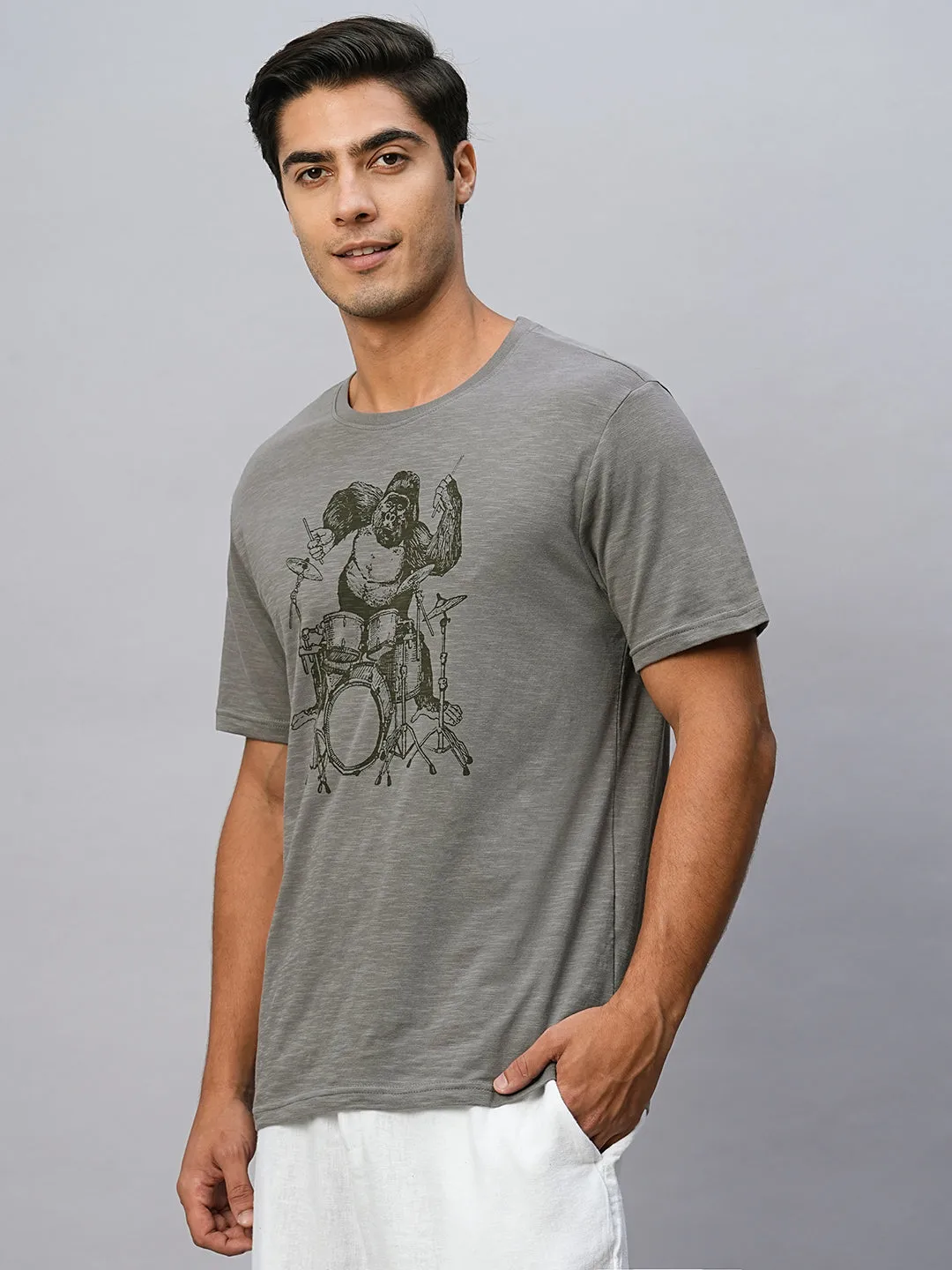 Men's Grey Cotton Regular Fit Tshirt