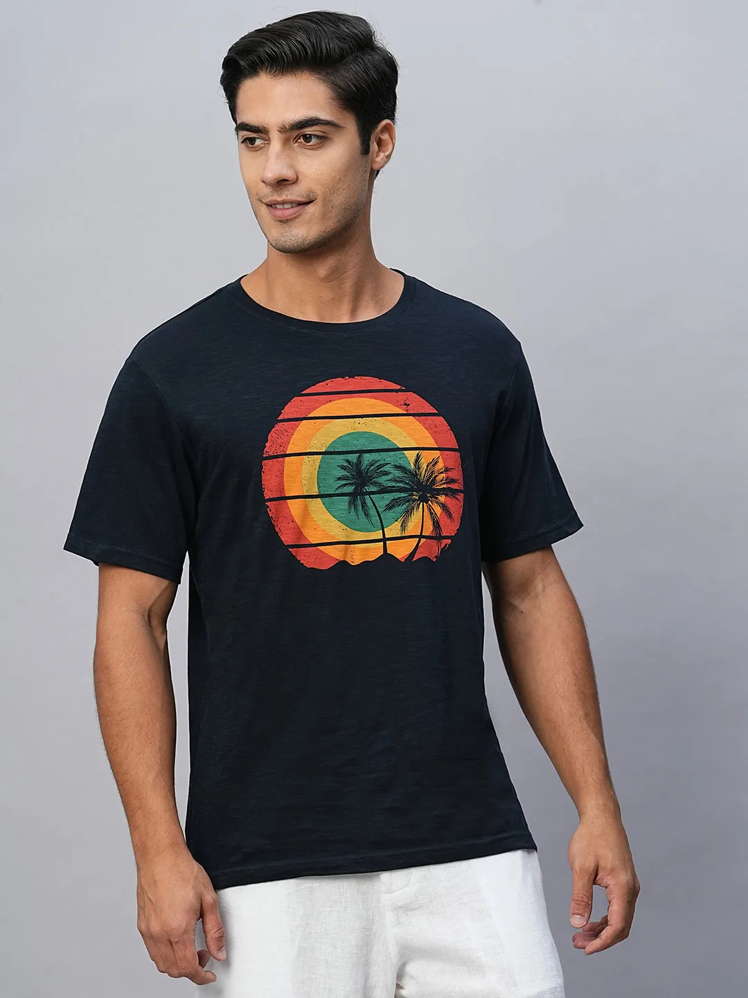 Men's Navy Cotton Regular Fit Tshirts