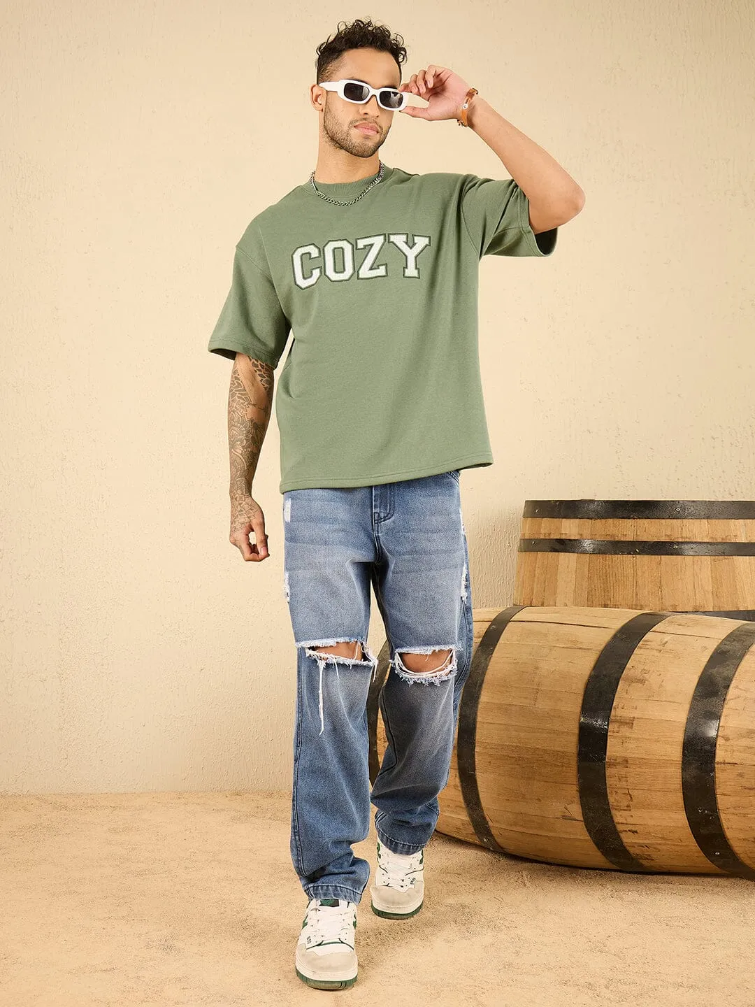 Mineral Green Cozy Embroidered Oversized Tshirt