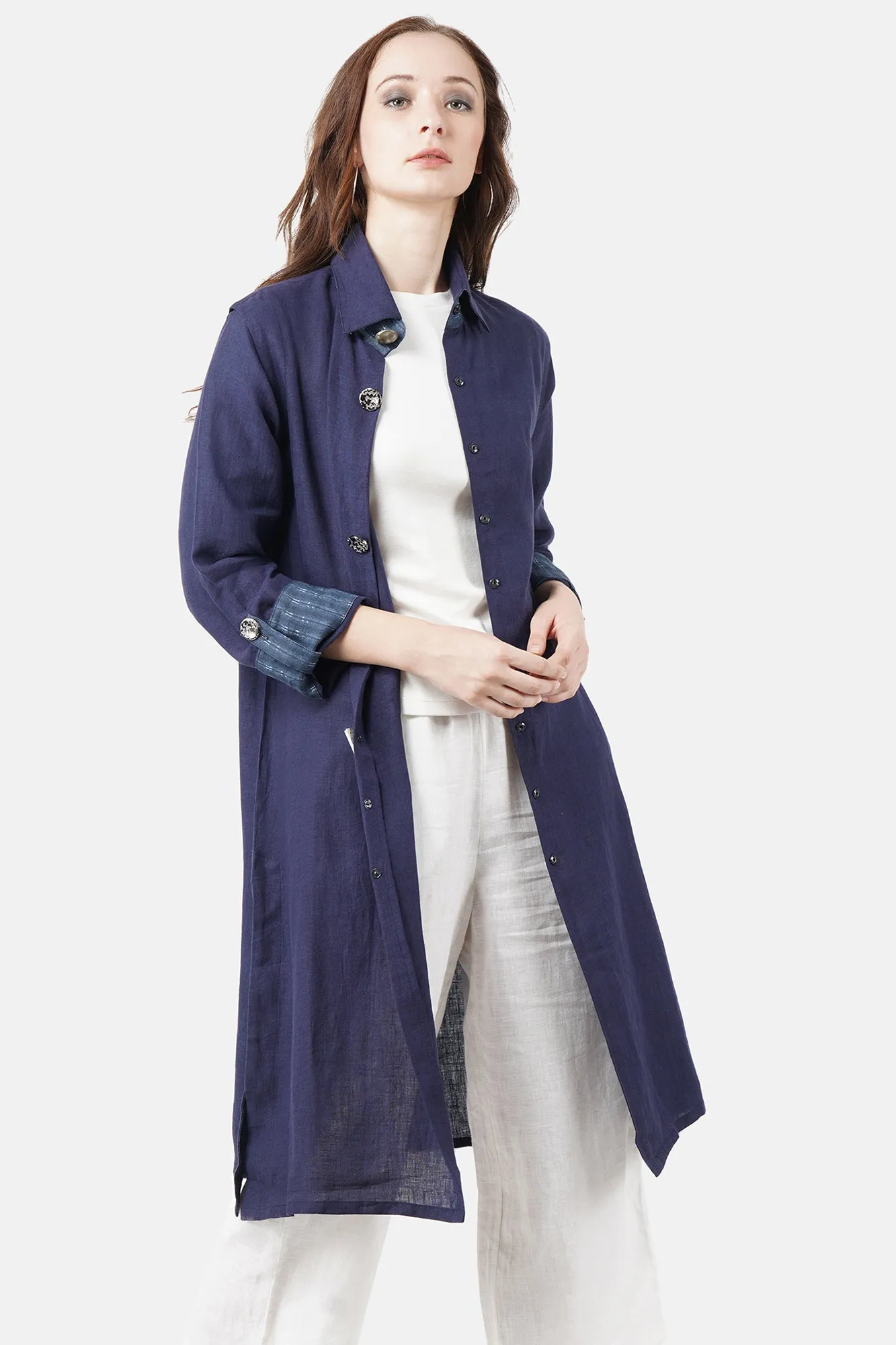 Navy  Bamboo Linen Kimono Full-Sleeve