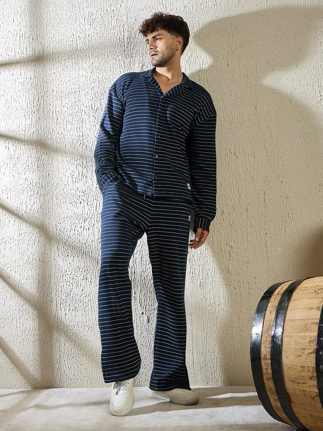 Navy Pinstriped Cuban Shirt and Boot Cut Trackpants Clothing Set