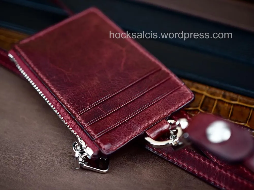 Oxblood Leather Staff Pass Lanyard Card Holder with coin pouch