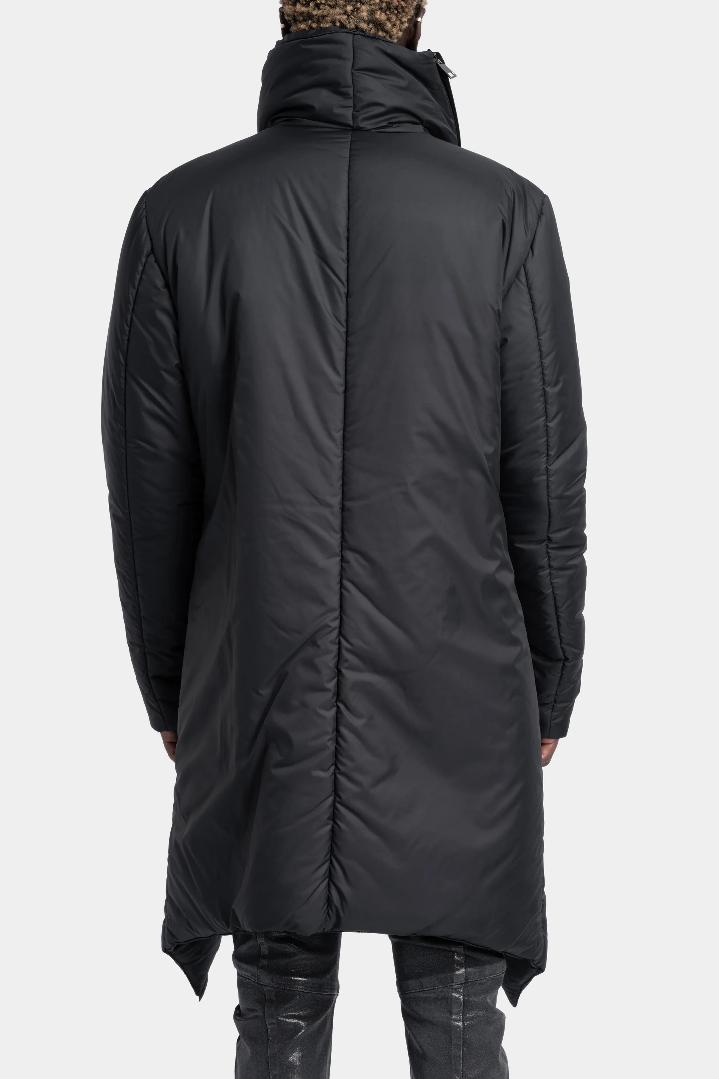 Padded nylon asymmetrical high neck coat