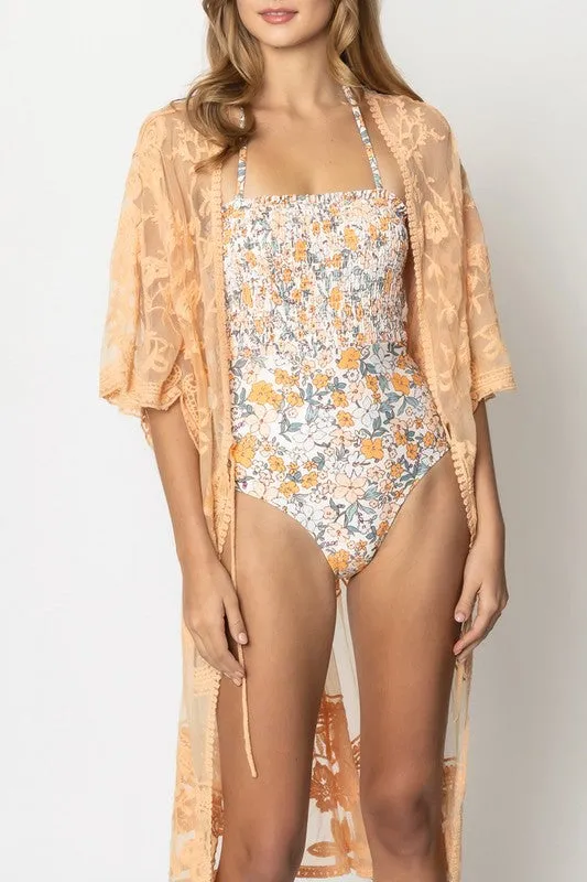 Pastel Floral Lace Kimono with Front Tie