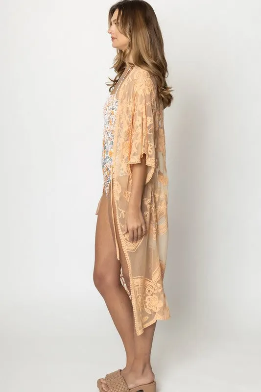 Pastel Floral Lace Kimono with Front Tie