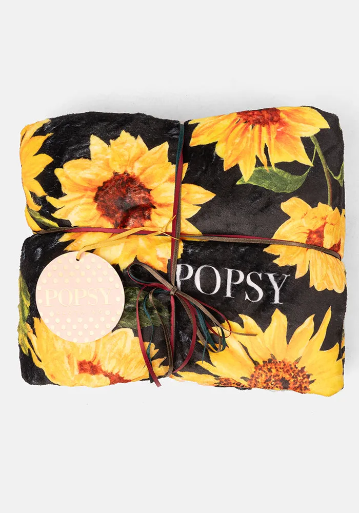 Pop-under Black Sunflower Print Plush Blanket