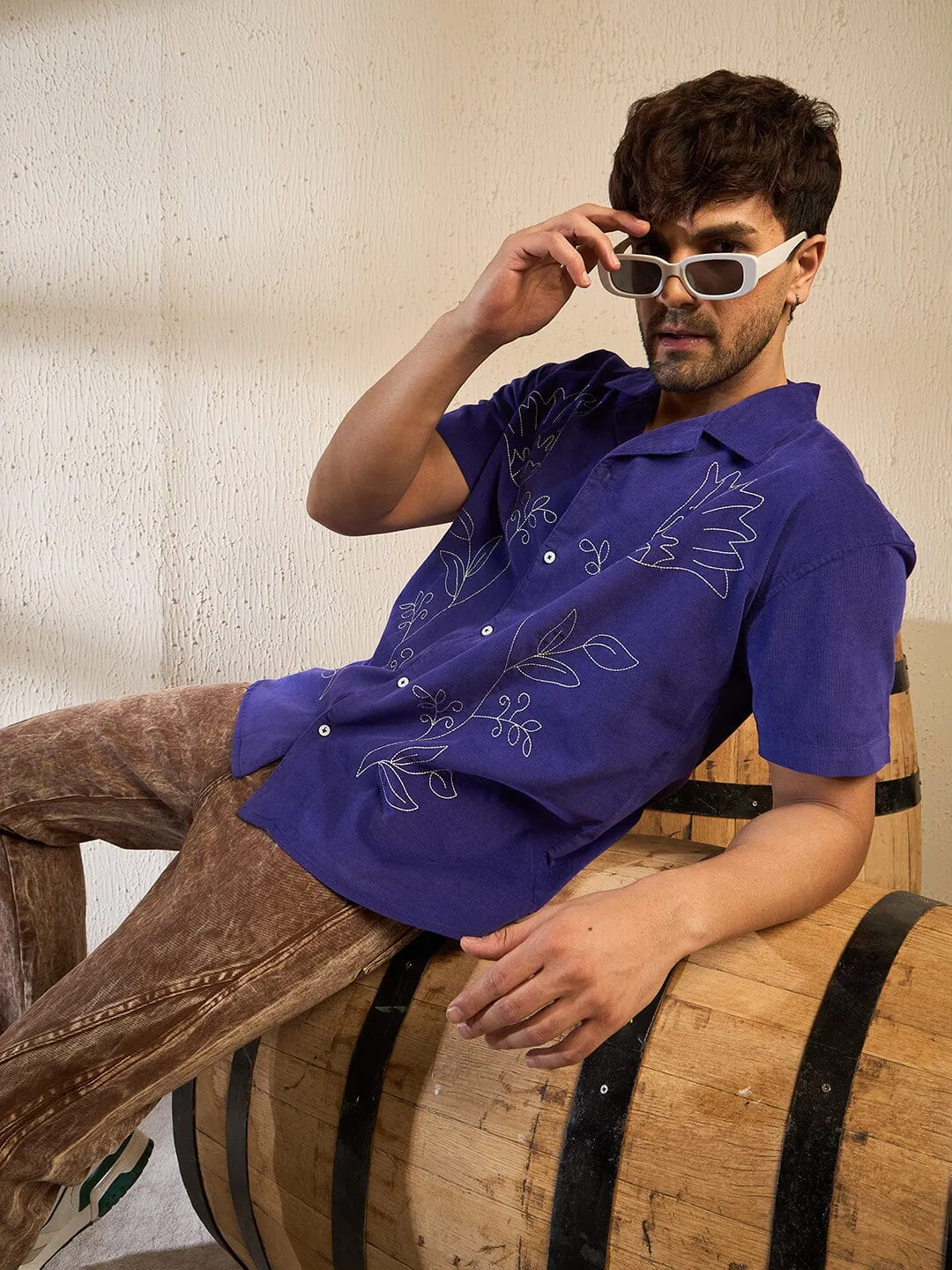 Purple Cord Floral Embroidery Cuban Shirt