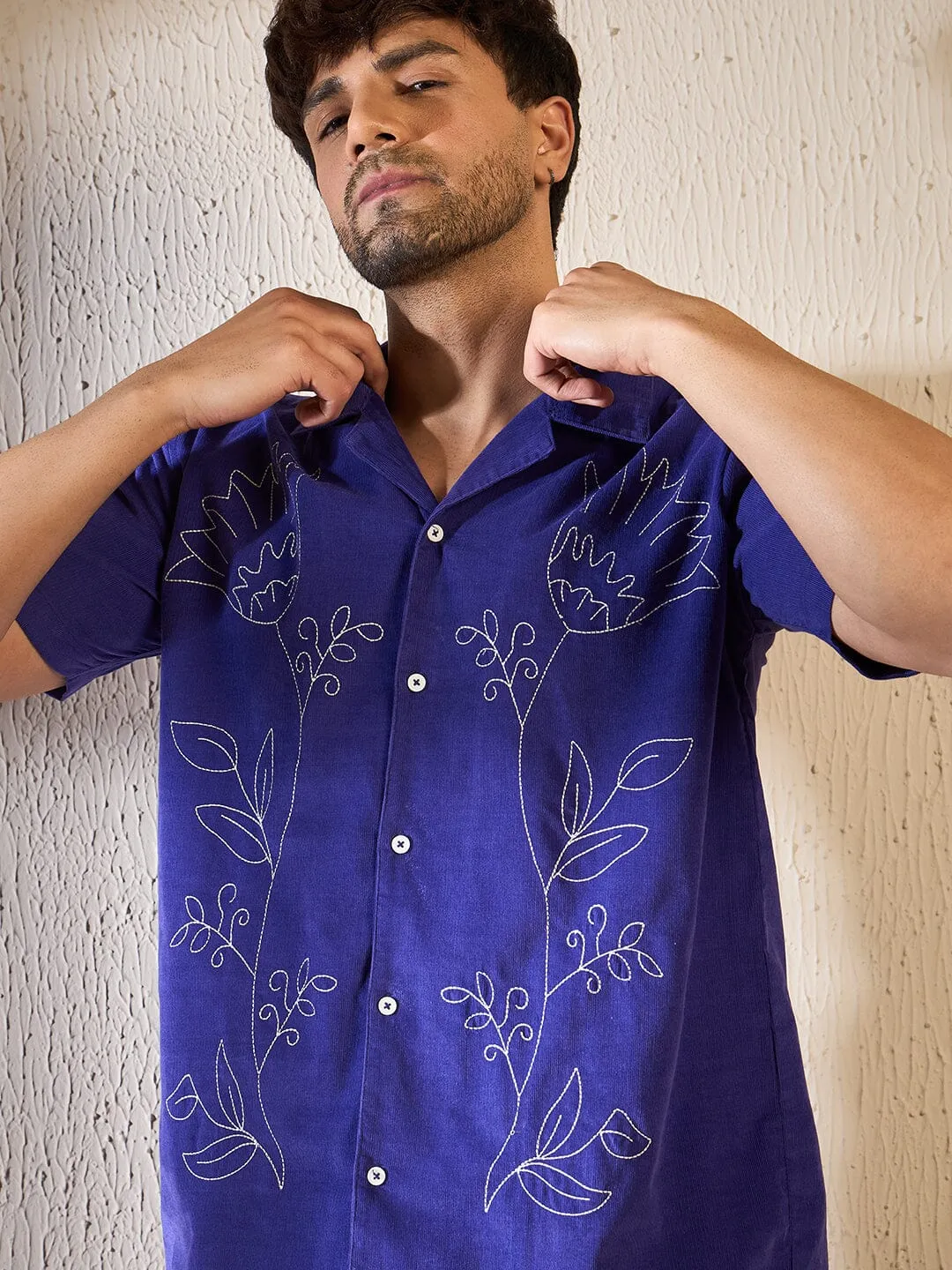 Purple Cord Floral Embroidery Cuban Shirt