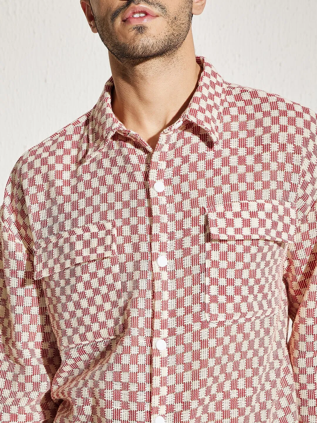 Red Checkered Lace Overshirt