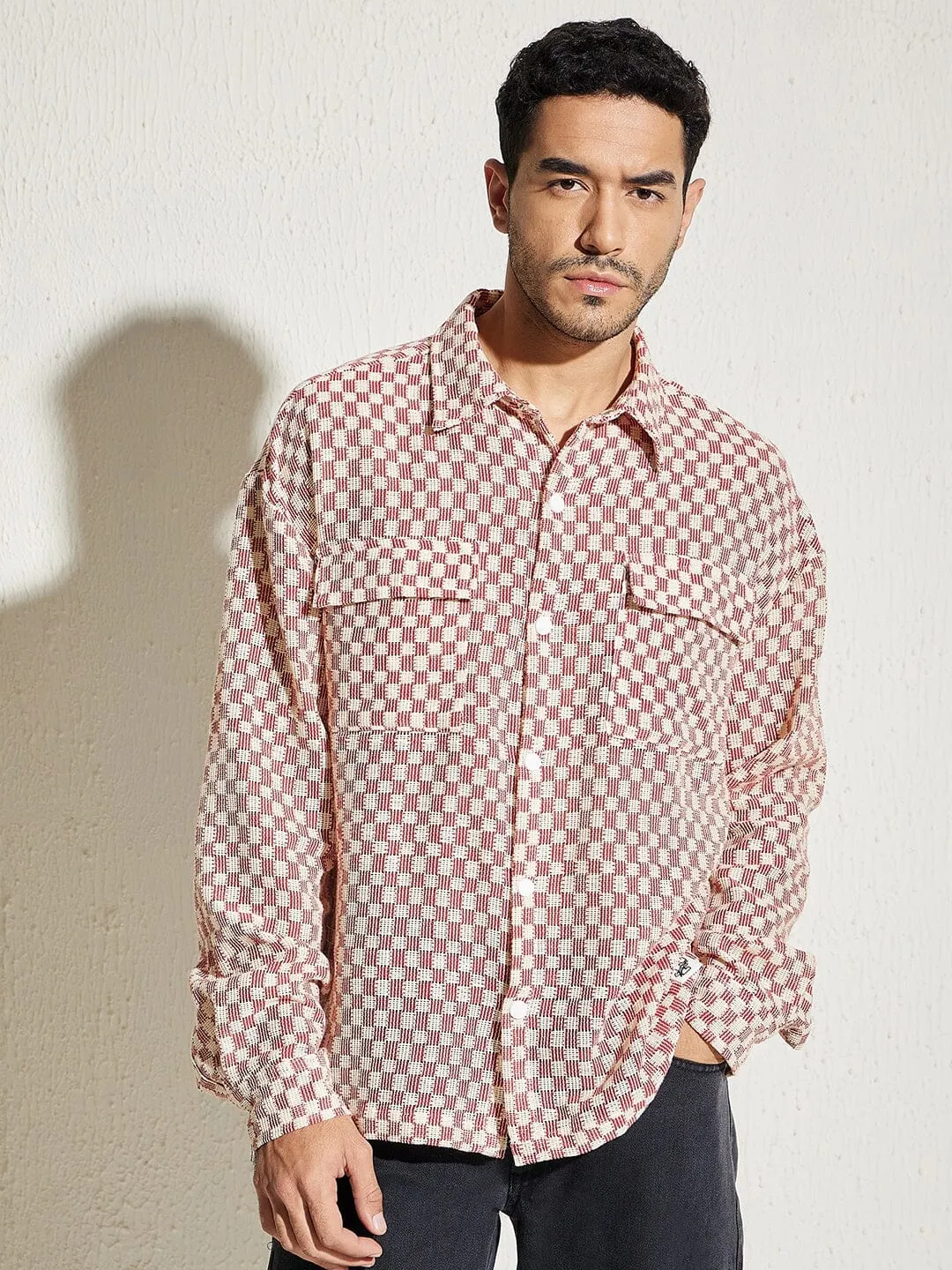 Red Checkered Lace Overshirt