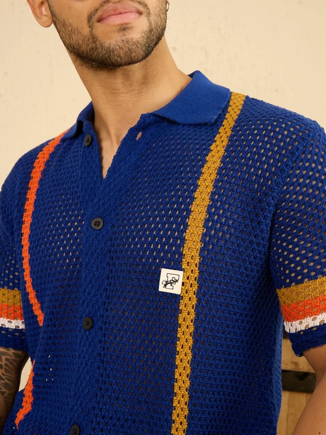 Royal Blue Striped Crochet Shirt