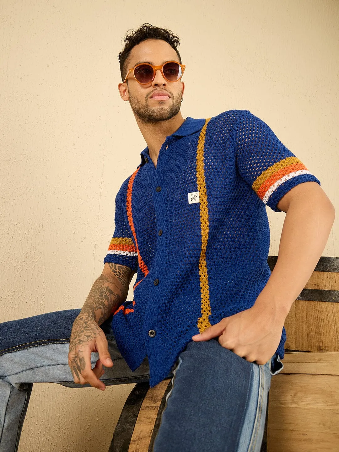 Royal Blue Striped Crochet Shirt