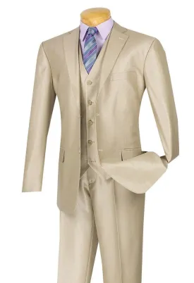 Shinny Vested Regular Fit Suit, Beige