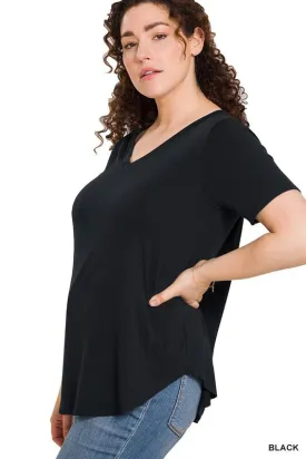 Short Sleeve V-Neck Round Hem Top