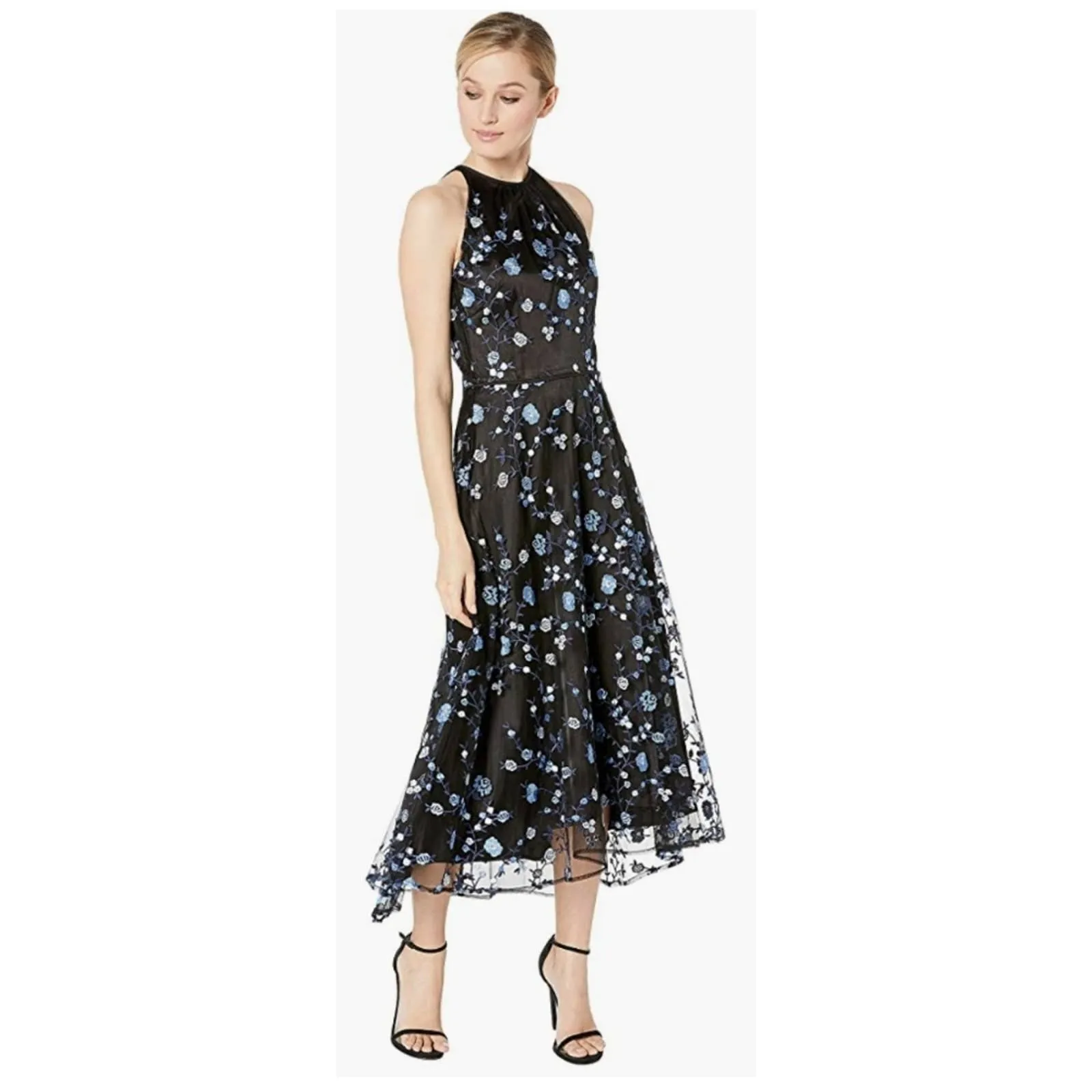 Tahari ASL Embroidered Floral Midi Dress Black