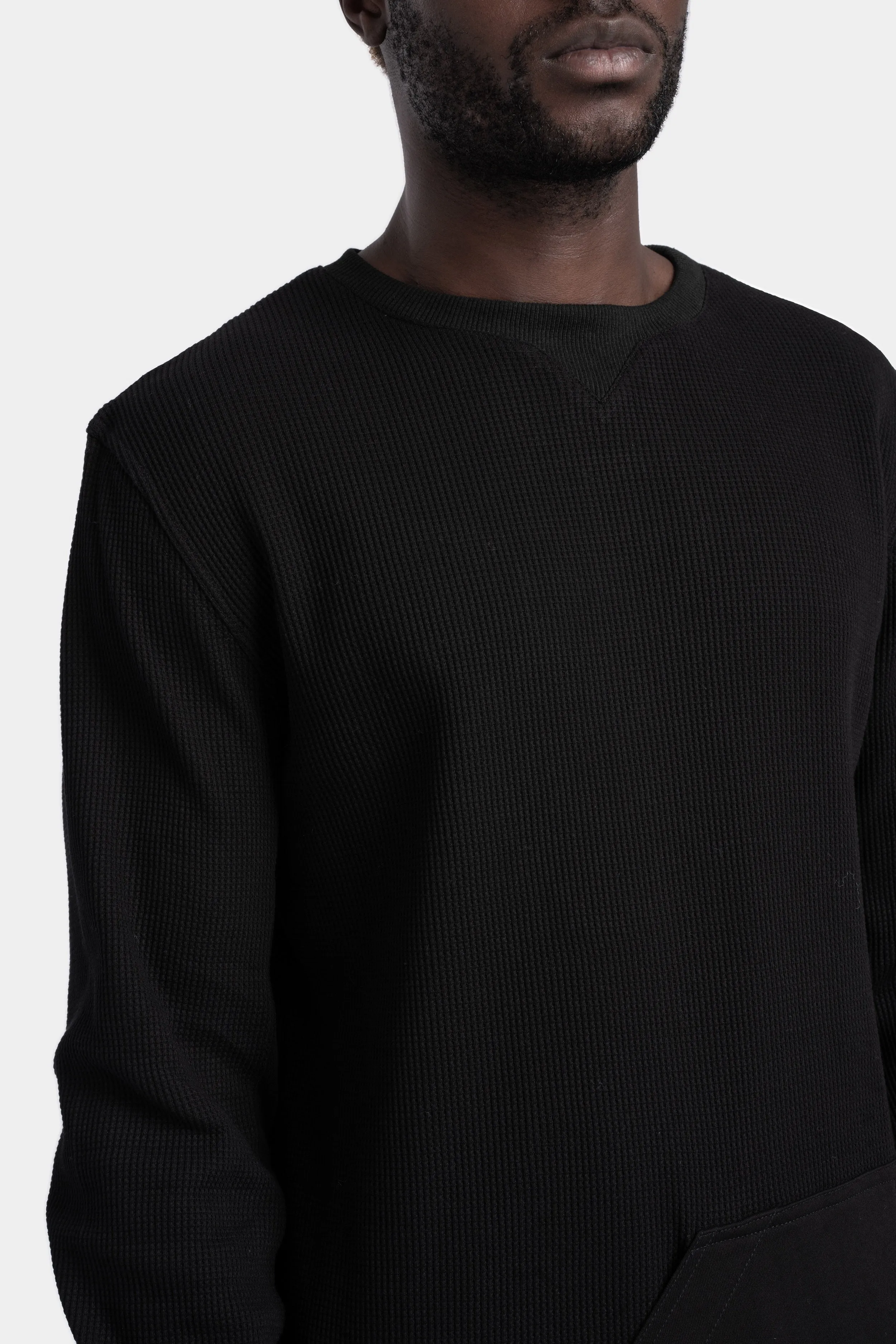 Waffle cotton long sweatshirt, Black