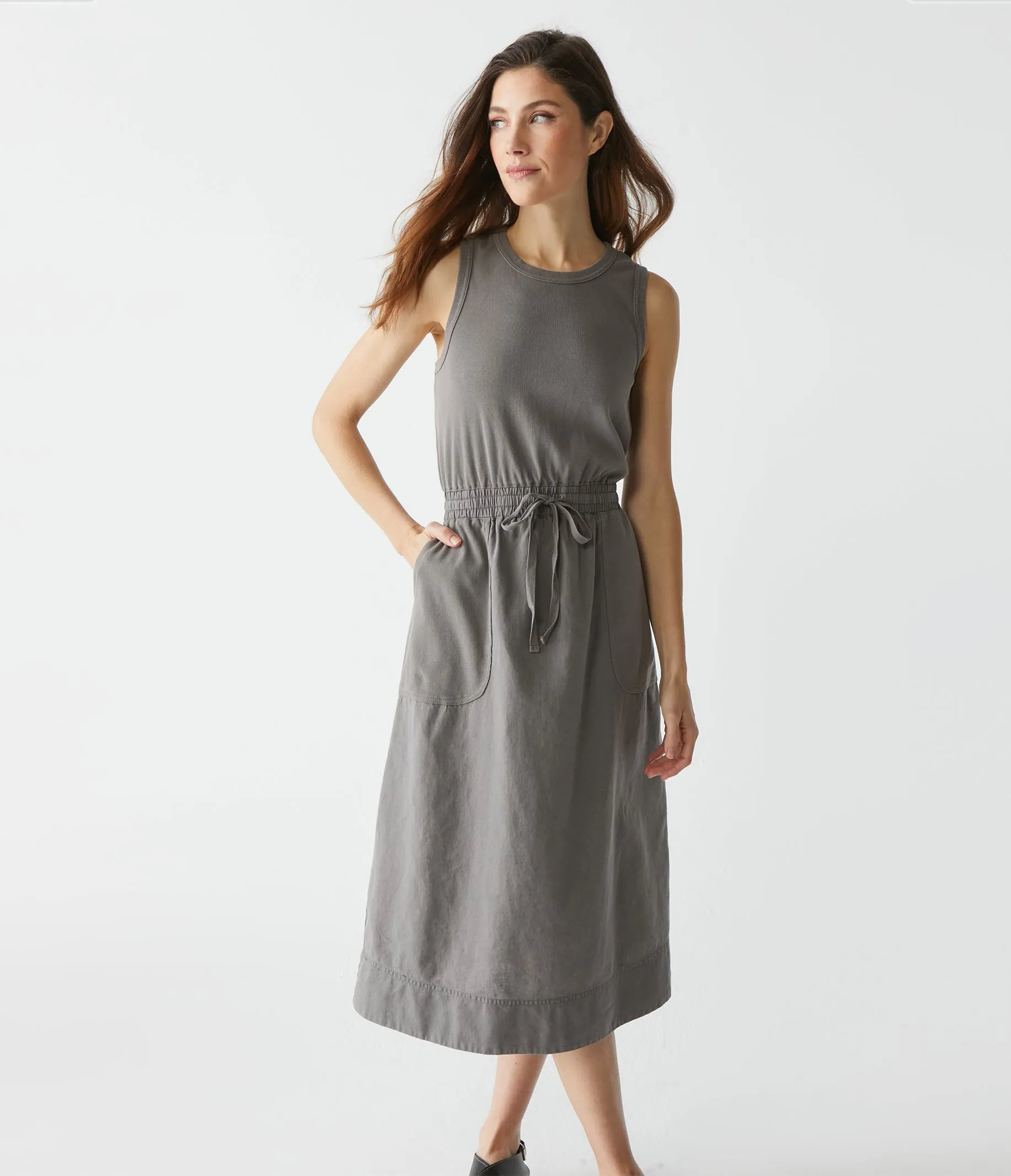 Wilhelmina Mixed Fabric Midi Dress