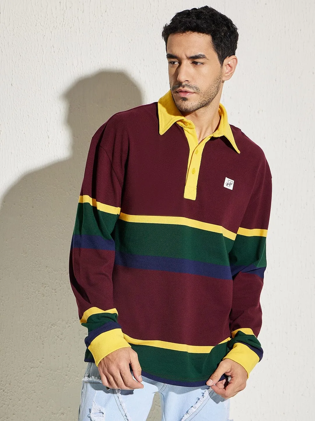 Wine Striped Oversized Longsleeve Polo Tee