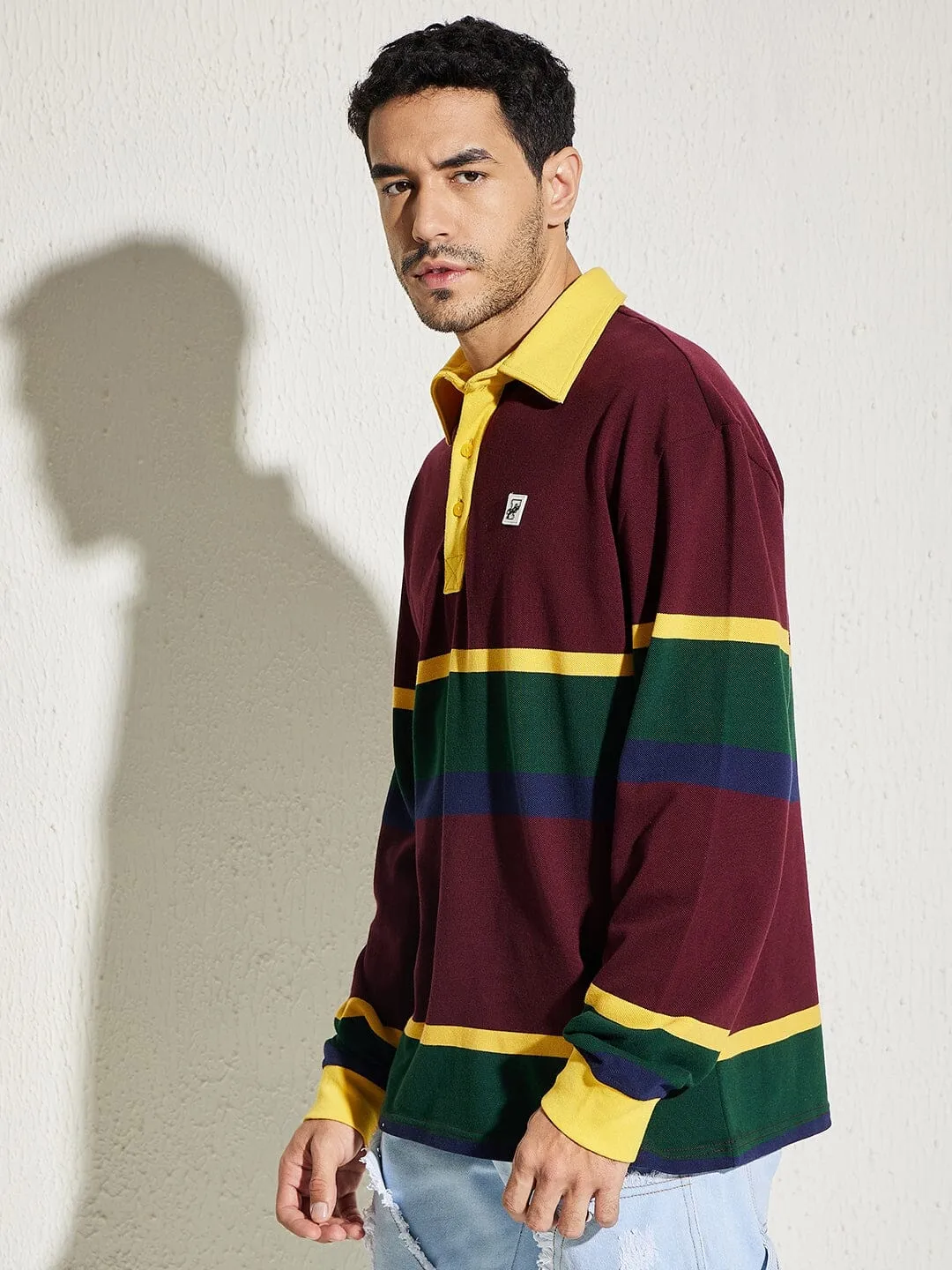 Wine Striped Oversized Longsleeve Polo Tee