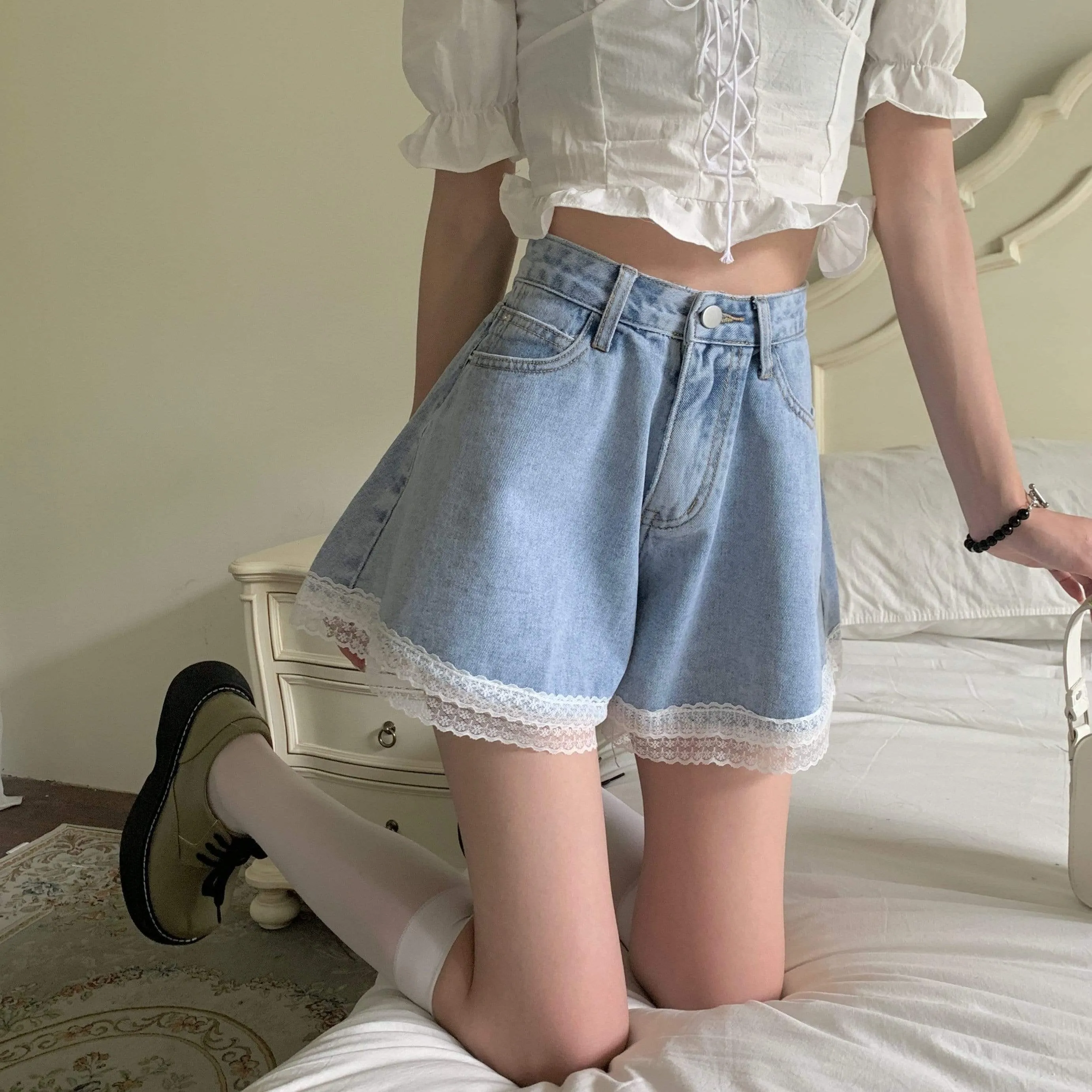 Women's Casual Wide Leg Denim Shorts with Lace Hem