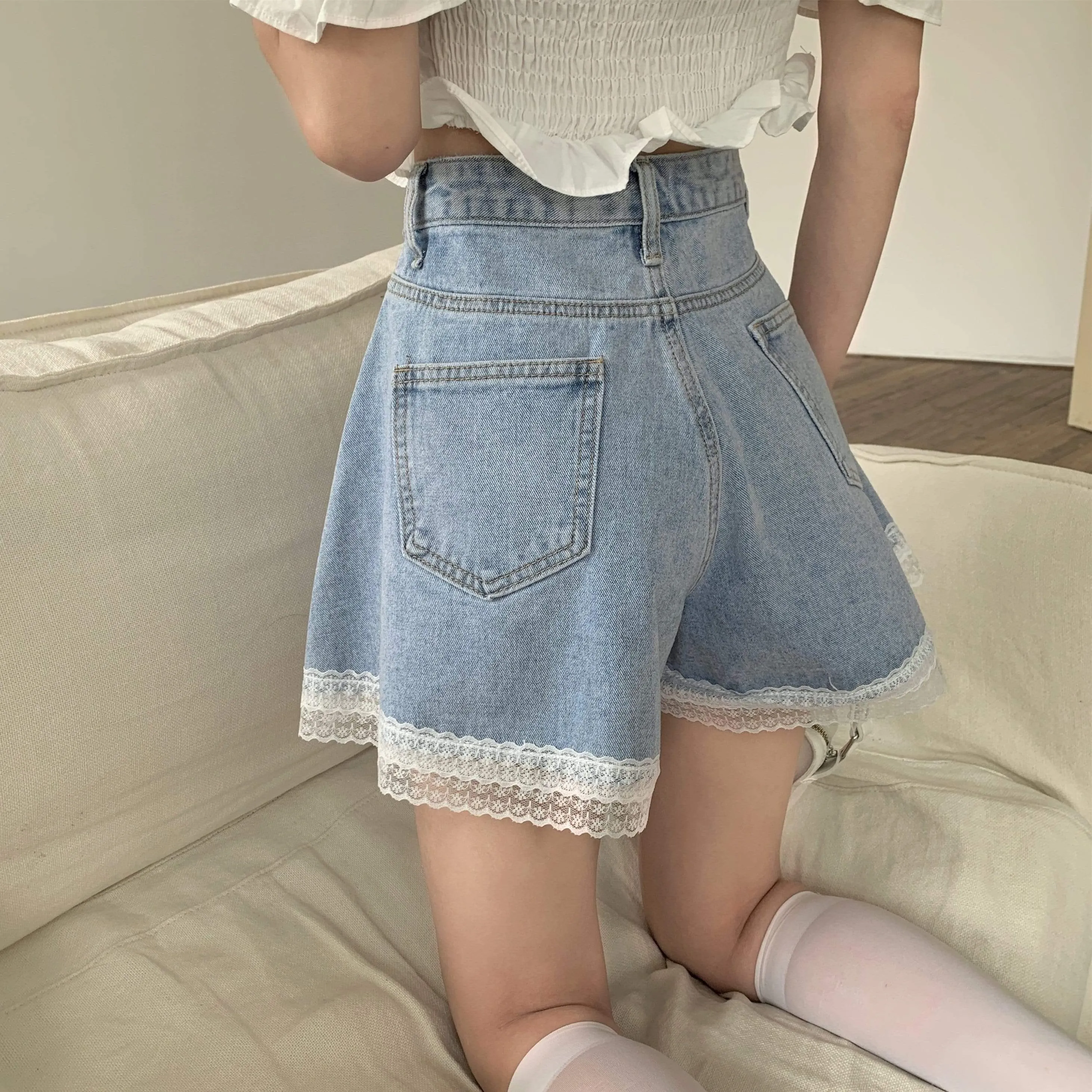 Women's Casual Wide Leg Denim Shorts with Lace Hem