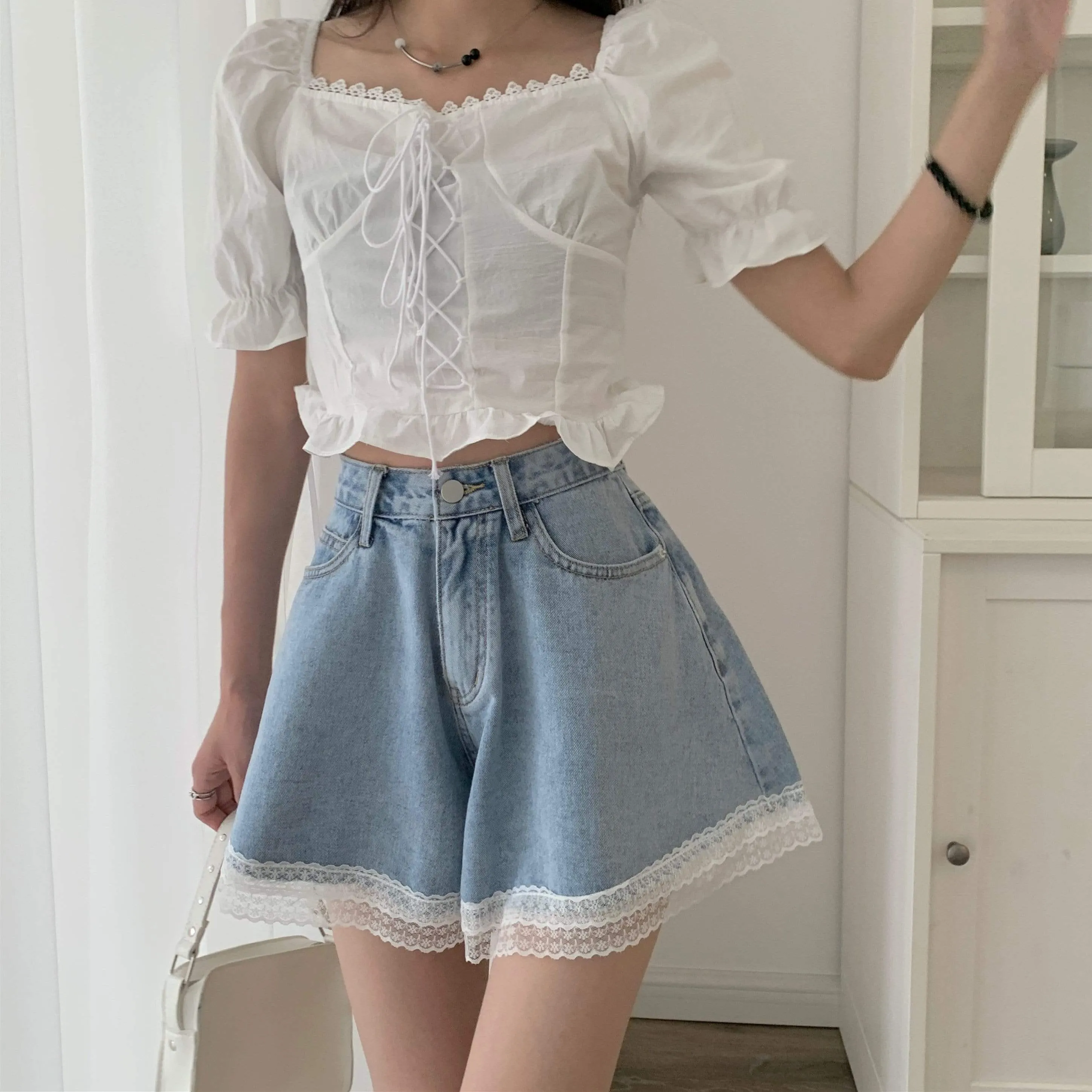 Women's Casual Wide Leg Denim Shorts with Lace Hem