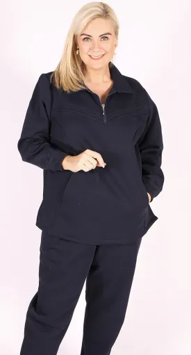 Zip Tab Chevron Stitch Fleece Top Navy